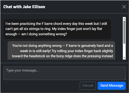 Teacher-side chat modal showing student question about the F chord and teacher reply