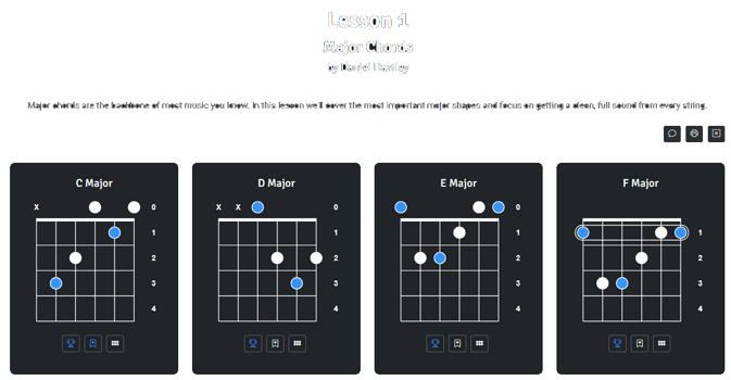 Lesson 1: Major Chords student view showing C, D, E, and F Major chord diagrams
