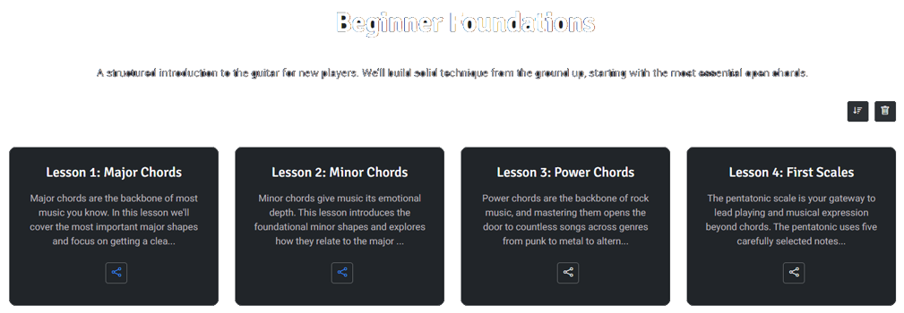 Teacher view of Beginner Foundations course showing Lesson 1 and Lesson 2 collection cards