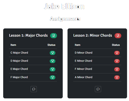 Student assignments view showing green complete and red incomplete status on each lesson card